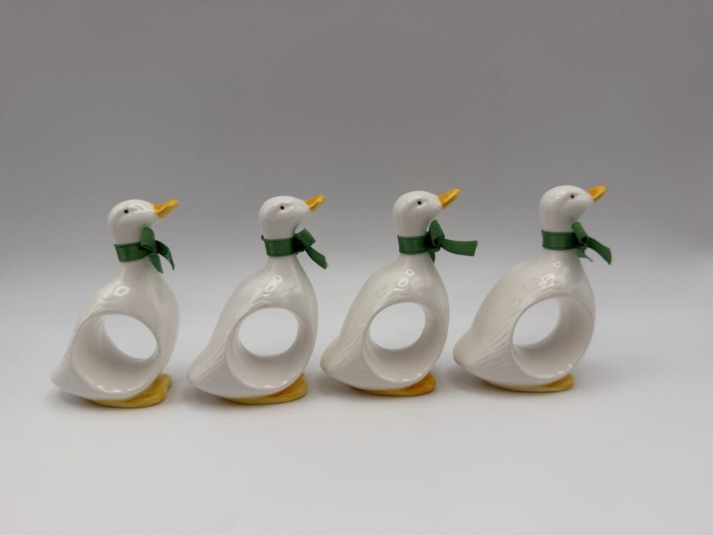 Vintage White Ceramic Duck Napkin Rings Set of 4 Green Bows Farmhouse Cottage